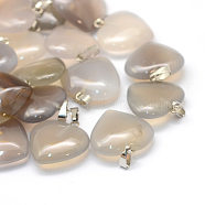 Heart Natural Grey Agate Pendants, with Platinum Tone Brass Findings, 20~22x20~21x5~8mm, Hole: 2x7mm(X-G-Q438-11)