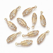 Brass Micro Pave Cubic Zirconia Pendants, Light Gold, Long-Lasting Plated, Cadmium Free & Lead Free, Feather, Clear, 17x5x2.5mm, Hole: 1mm(KK-S359-040-RS)