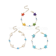 3Pcs 3 Color Glass Evil Eye & Synthetic Turquoise Starfish Link Chain Bracelets Set, Brass Stackable Bracelets, Mixed Color, 7-1/2 inch(19cm), 1Pc/color(BJEW-TA00428)