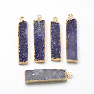 Natural Druzy Agate Pendants, with Brass Findings, Dyed, Rectangle, Golden, Dark Slate Blue, 39~44x9~12x8~15mm, Hole: 1.8mm(G-Q499-04)