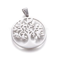 304 Stainless Steel Pendants, Flat Round with Tree of Life, Stainless Steel Color, 30x27.5x1.2mm, Hole: 2.5x5.5mm(STAS-F219-04P)