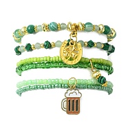 4Pcs 4 Style Natural & Synthetic Mixed Gemstone & Glass Beaded Stretch Bracelets Set, Alloy Enamel Clover & Cup Charms Stackable Bracelets for Women, Green, Inner Diameter: 2-1/8 inch(5.4cm), 1Pc/style(BJEW-JB09606-01)