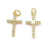 Brass Micro Pave Cubic Zirconia Pendants, with Jump Ring, Religion Cross Charm, Golden, 18.5x11x3mm, Hole: 3.3mm(KK-E068-VB252)