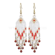 Woven Seed Beads & Natural Red Jasper Tassel Earrings, 304 Stainless Steel Dangle Earring for Women, 70x15mm(EJEW-MZ00154-01)