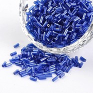 Transparent Colours Pearl Luster Plated Round Hole Glass Bugle Beads, Blue, 2~5x1.8~2mm, Hole: 0.8mm, about 12000pcs/450g(SEED-I001-108)
