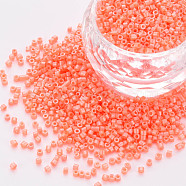 Fluorescent Color Glass Cylinder Beads, Seed Beads, Baking Paint, Round Hole, Light Salmon, 1.5~2x1~2mm, Hole: 0.8mm, about 8000pcs/bag, about 1pound/bag(SEED-S047-P-001)