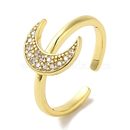 Rack Plating Brass Micro Pave Cubic Zirconia Cuff Rings, Long-Lasting Plated, Lead Free & Cadmium Free, Moon, Real 18K Gold Plated, Adjustable(RJEW-H228-09G)