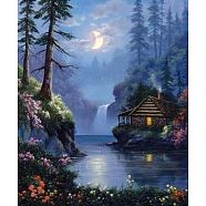 DIY Rectangle Forest House Night Scenery Theme Diamond Painting Kits, Including Canvas, Resin Rhinestones, Diamond Sticky Pen, Tray Plate and Glue Clay, Steel Blue, 400x300mm(PW-WG20335-04)