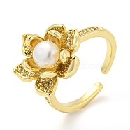 Natural Pearl Lotus Open Cuff Ring with Rhinestone, Brass Finger Ring, Real 14K Gold Plated, Inner Diameter: 17.8mm(RJEW-H220-17G)