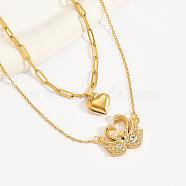 Fashionable Stainless Steel Crystal Rhinestone Double Layer Necklaces, Heart & Swan V-shaped Collarbone Chain Pendant Necklaces, Real 18K Gold Plated, 14.57 inch(37cm)(HL5532)