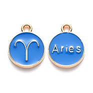 Alloy Enamel Pendants, Cadmium Free & Lead Free, Flat Round with Constellation, Light Gold, Dodger Blue, Aries, 15x12x2mm, Hole: 1.5mm(X-ENAM-S124-01B-02A)