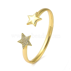 Rack Plating Brass Micro Pave Cubic Zirconia Cuff Bangles, Real 18K Gold Plated, Cadmium Free & Lead Free, Long-Lasting Plated, Star, Inner Diameter: 2-1/2 inch(6.4cm)(BJEW-P336-02B-G)