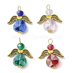 Glass Pendants, with Tibetan Style Alloy Wing, Angel Charm, Mixed Color, 23x20x6mm, Hole: 2.7mm(PALLOY-JF02164)
