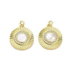 Brass Micro Pave Clear Cubic Zirconia Pendants, with Shell, Jump Rings, Real 18K Gold Plated, Round, 21x18x3mm, Hole: 3.5mm(KK-K365-02C-G)