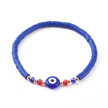 Polymer Clay Heishi Beaded Stretch Bracelets, with Evil Eye Lampwork Beads, Brass Beads and Glass Round Beads, Golden, Blue, Inner Diameter: 2-1/4 inch(5.6cm)