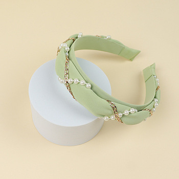 Cloth Hair Bands, with Plastic Pearl & Alloy Chains, Hair Accessories for Women Girls, Light Green, 30mm, Inner Diameter: 140x160mm