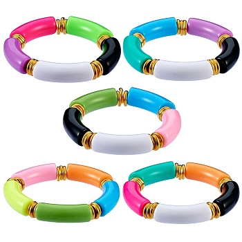 Candy Color Chunky Curved Tube Acrylic Beads Stretch Bracelets Set for Women, Mixed Color, Inner Diameter: 2 inch(5cm), 5pcs/set