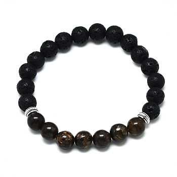 Natural Bronzite Beads Stretch Bracelets, with Synthetic Lava Rock Beads and Alloy Beads, Round, Inner Diameter: 2-1/8 inch(5.5cm), Beads: 8.5mm