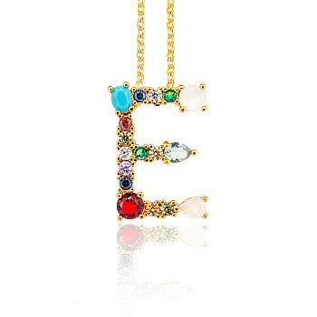 Golden Brass Micro Pave Cubic Zirconia Initial Pendants Necklaces, with Cable Chains, Colorful, Letter, Letter.E, 17.9~18.1 inch(45.5~46cm)x1.5mm, LetterE: 20.5x15x6mm