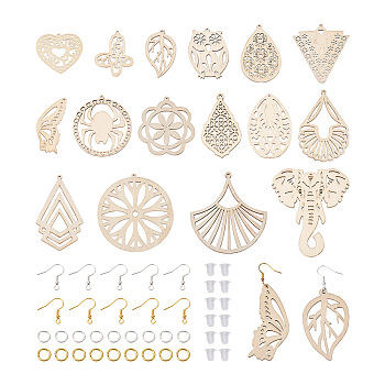 DIY Filigree Dangle Earring Making Kits, Including Iron Earring Hooks, Butterfly & Teardrop & Flower & Fan & Heart Undyed Natural Wooden Joiners Links, Antique White, 292Pcs/bag