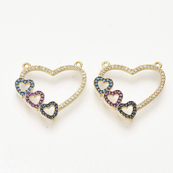 Brass Micro Pave Cubic Zirconia Pendants, Heart, Colorful, Golden, 23x24.5x2.5mm, Hole: 1.2mm