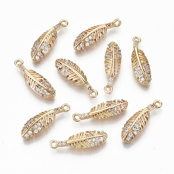 Brass Micro Pave Cubic Zirconia Pendants, Light Gold, Long-Lasting Plated, Cadmium Free & Lead Free, Feather, Clear, 17x5x2.5mm, Hole: 1mm