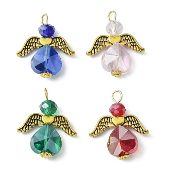 Glass Pendants, with Tibetan Style Alloy Wing, Angel Charm, Mixed Color, 23x20x6mm, Hole: 2.7mm