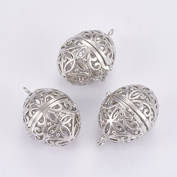 Brass Cage Pendants, For Chime Ball Pendant Necklaces Making, Oval, Filigree, Platinum, 24x16.5x16mm, Hole: 2mm, Inner: 13.5mm