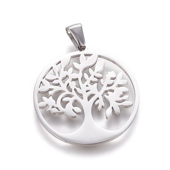 304 Stainless Steel Pendants, Flat Round with Tree of Life, Stainless Steel Color, 30x27.5x1.2mm, Hole: 2.5x5.5mm