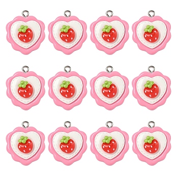 15Pcs Strawberry Charms with Platinum Plated Iron Loops, Pink, 25x21.5x8mm, Hole: 2mm