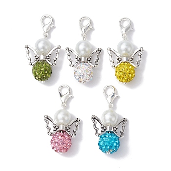 Angel Polymer Clay & Glass Rhinestone Bead Pendant Decoration, with Alloy Lobster Claw Clasps, Mixed Color, 34mm, 5pcs/set