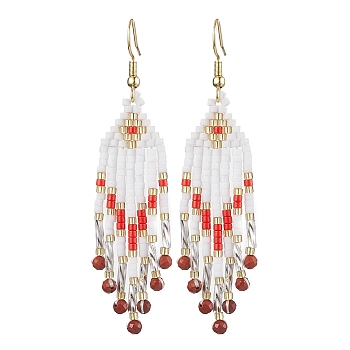 Woven Seed Beads & Natural Red Jasper Tassel Earrings, 304 Stainless Steel Dangle Earring for Women, 70x15mm