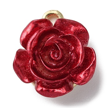 Opaque Resin Rose Pendants, Flower Charms with Golden Plated Alloy Findings, FireBrick, 16.5x14.5x8mm, Hole: 2mm