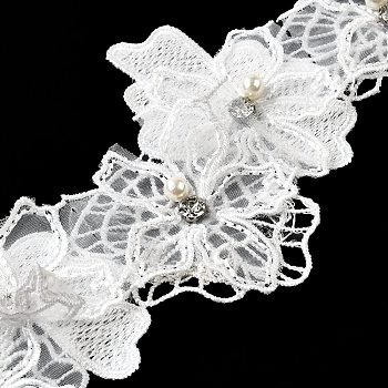 Flower Organza Ribbon, Clothes Accessories, with Rhinestone and Imitation Pearls Beads, White, 3-1/4 inch(83mm)