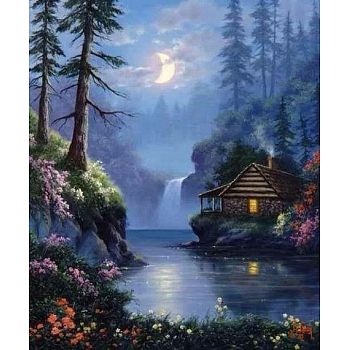 DIY Rectangle Forest House Night Scenery Theme Diamond Painting Kits, Including Canvas, Resin Rhinestones, Diamond Sticky Pen, Tray Plate and Glue Clay, Steel Blue, 400x300mm