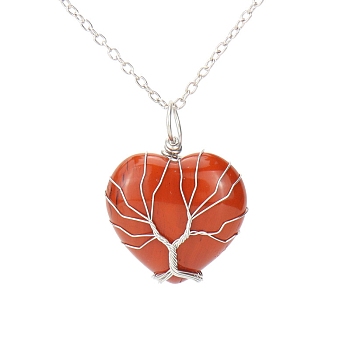 Natural Red Jaspe Heart Pendant Necklaces, Platinum Copper Wire Wrap Necklace, 20.47 inch(52cm)