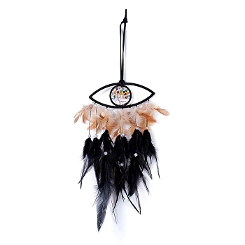 Handmade Eye & Tree of Life Woven Net/Web with Feather Wall Hanging Decoration, with ABS/Glass Beads & Copper Wire, for Home Offices Amulet Ornament, Black, 510mm