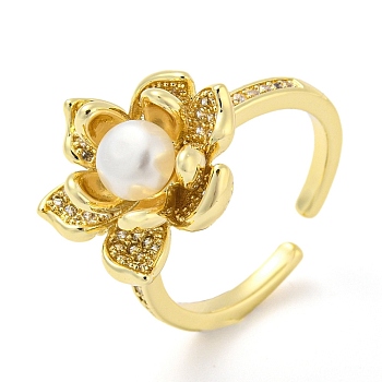 Natural Pearl Lotus Open Cuff Ring with Rhinestone, Brass Finger Ring, Real 14K Gold Plated, Inner Diameter: 17.8mm