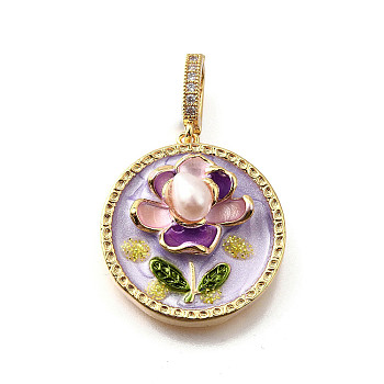 Brass Micro Pave Cubic Zirconia & Enamel Pendants, Flat Round with Flower Charms, with Glitter Powder and Natural Freshwater Pearl, Nickel Free, Real 18K Gold Plated, Medium Purple, 25.5x23.5x9.5mm, Hole: 6.5x4.5mm
