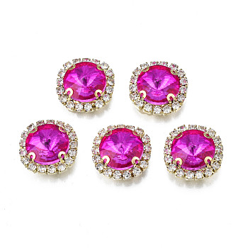 Sew on Rhinestone, Transparent Glass Rhinestone, with Brass Prong Settings, Faceted, Square, Fuchsia, 17x17x8mm, Hole: 1mm