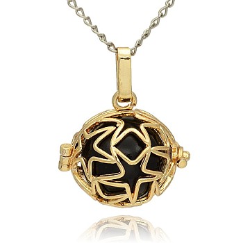Golden Tone Brass Hollow Round Cage Pendants, with No Hole Spray Painted Brass Ball Beads, Black, 23x24x18mm, Hole: 3x8mm