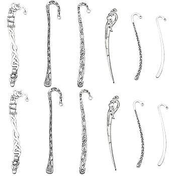 12Pcs 6 Style Tibetan Style Alloy Bookmarks Findings with Hole, Sticks & Flower, Antique Silver, 84~124x14~28x2~3mm, hole: 2~4.5mm, 2Pcs/style