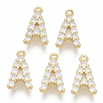Brass Micro Pave Cubic Zirconia Charms, Nickel Free, Letter, Clear, Real 18K Gold Plated, Letter.A, 13.5x8x2.5mm, Hole: 1.2mm