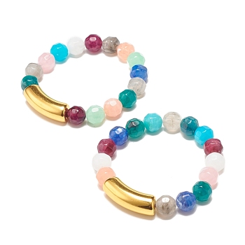 Acrylic Round Beaded Stretch Bracelet with Curved Tube for Women, Colorful, Inner Diameter: 2-1/8 inch(5.5cm)