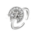 Star Moon Rotatable Open Ring for Women, Brass Cubic Zirconia Fidget Spinner Rings, Adjustable Relieve Stress Cuff Ring, Platinum, 13mm, Inner Diameter: Adjustable(PW-WG4E599-02)