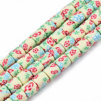 Handmade Polymer Clay Bead Strands, Column with Flower, Beige, 6x5mm, Hole: 1mm, about 63pcs/strand, 15.75''(40cm)(CLAY-T020-10E)