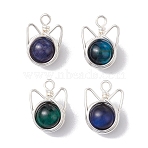 4Pcs 4 Colors Natural Tiger Eye Dyed Round Bead Pendants, Kitten Head Charms with Copper Wire Cat Ears, Mixed Color, Silver, 16x12x8.5mm, Hole: 1.6mm, 1pc/color(PALLOY-TA00151)