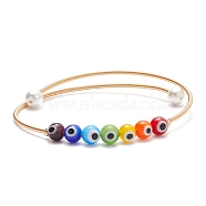 Lampwork Round with Evil Eye Beaded Cuff Bangle with Pearl, Gold Plated Copper Torque Bangle for Women, Colorful, Inner Diameter: 2-1/4 inch(5.8cm)(BJEW-JB08328)