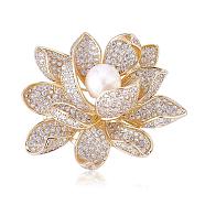Golden Lotus Flower Brooch Clear Zircon Brooch Pin White Beads Brooches Badge Jewelry for Jackets Backpack Corsage Lapel Scarf Clothing Accessories, 46x39mm(JBR104A)