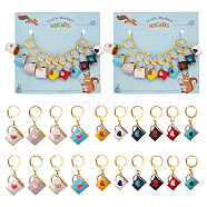 Alloy Enamel Pendant Stitch Markers, Crochet Leverback Hoop Charms, Locking Stitch Marker with Wine Glass Charm Ring, Cup with Heart Pattern, Mixed Color, 3.3~3.5cm, 10 styles, 1pc/style 10pcs/set(HJEW-AB00254)